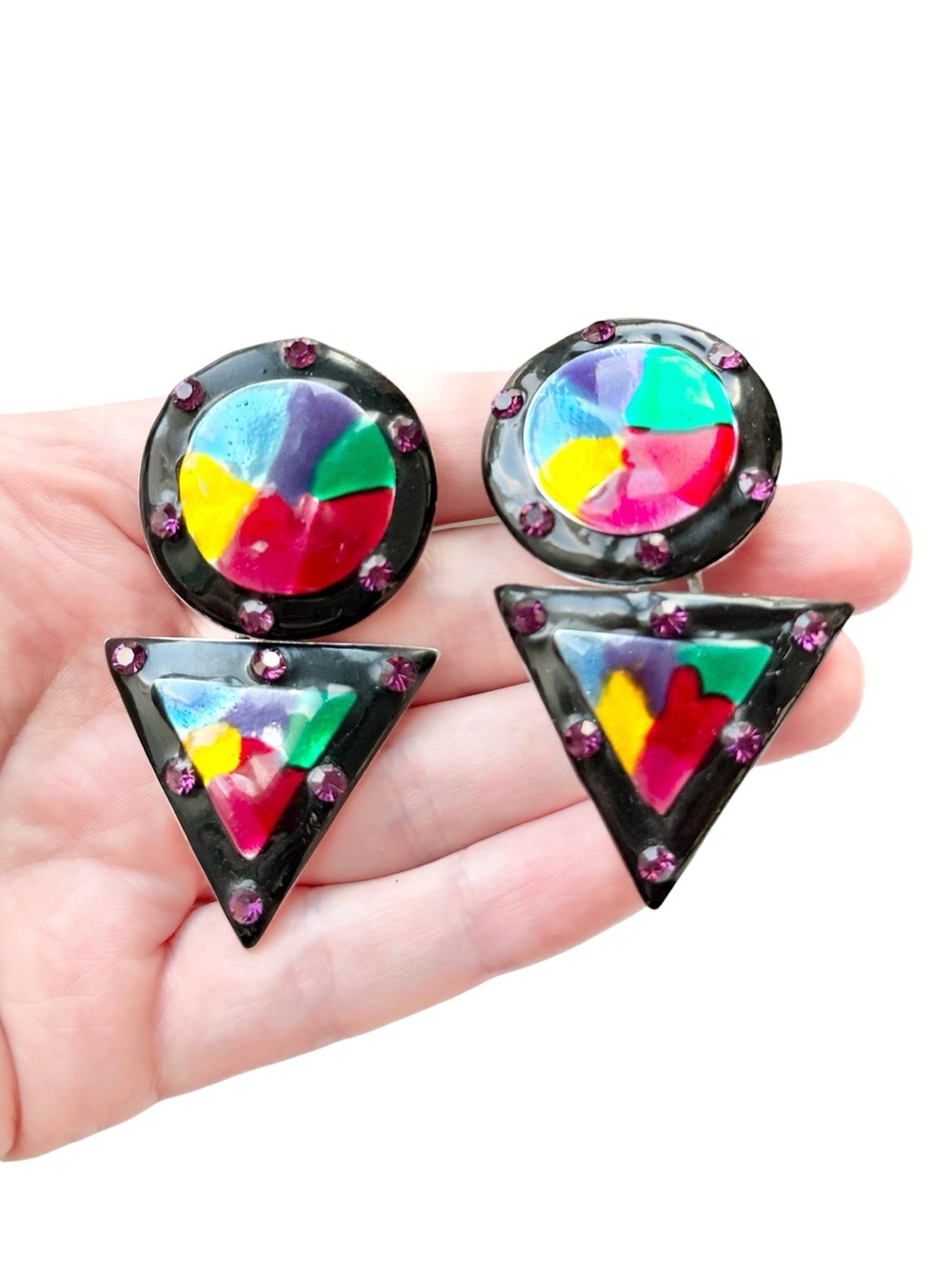Vintage 1980s Don-Lin Earrings Colorful Enamel Rhinestone Geometric Statement Cl